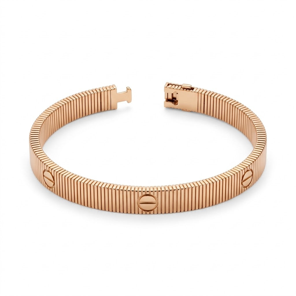 Gold hand bracelet METROPOLITAN with ribbed band and screw-head details