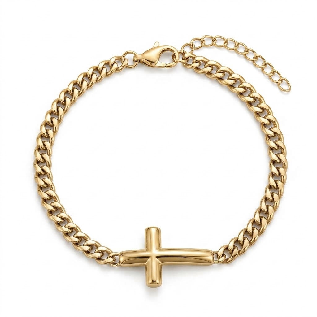 FAITH LINK stainless steel bracelet with sideways cross, gold
