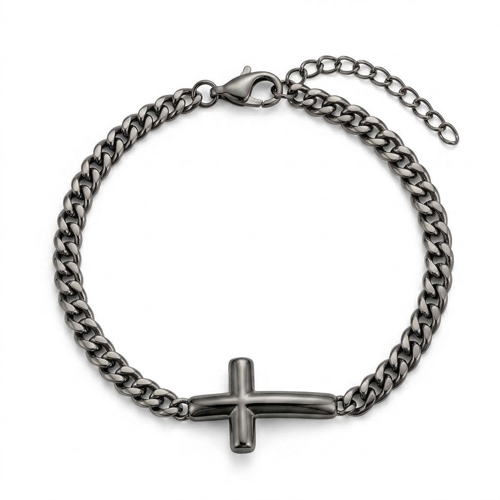 FAITH LINK stainless steel bracelet with sideways cross, dark silver
