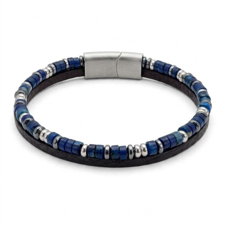 URBAN NATURAL men's bracelet in Blue-silver, flat blue disc beads with polished steel rings on black leather cord