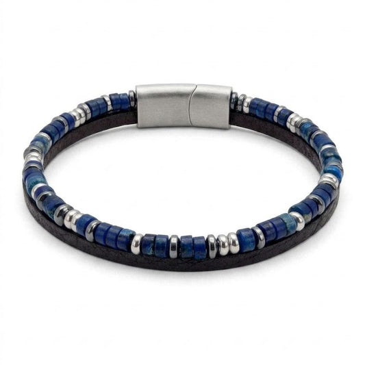URBAN NATURAL men's bracelet in Blue-silver, flat blue disc beads with polished steel rings on black leather cord