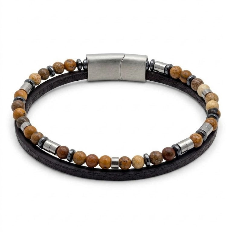 URBAN NATURAL men's bracelet in Brown, amber and sandy brown stone beads on black leather cord with stainless steel magnetic clasp