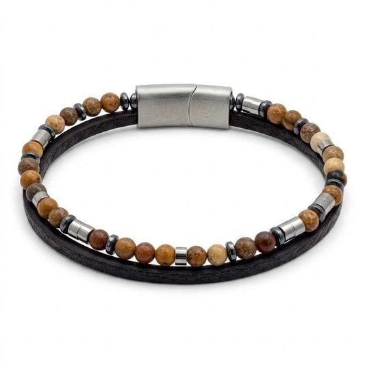 URBAN NATURAL men's bracelet in Brown, amber and sandy brown stone beads on black leather cord with stainless steel magnetic clasp