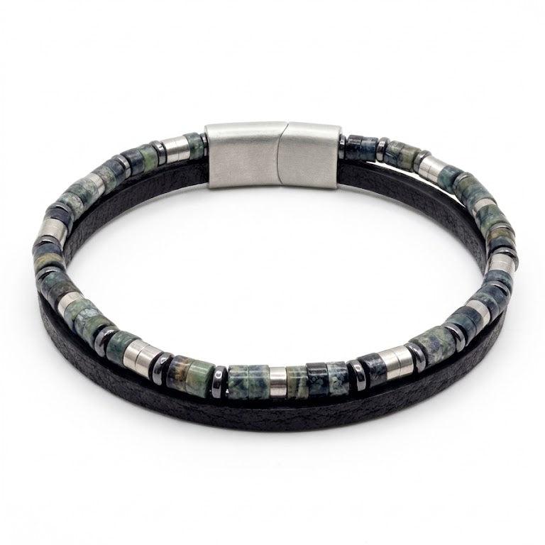 URBAN NATURAL men's bracelet in Green, mossy green and grey-black disc beads with steel rings on black leather cord