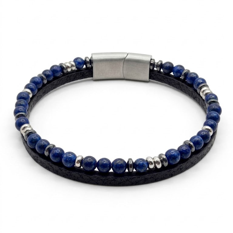 URBAN NATURAL men's bracelet in Blue, deep blue round stone beads on black leather cord with stainless steel magnetic clasp