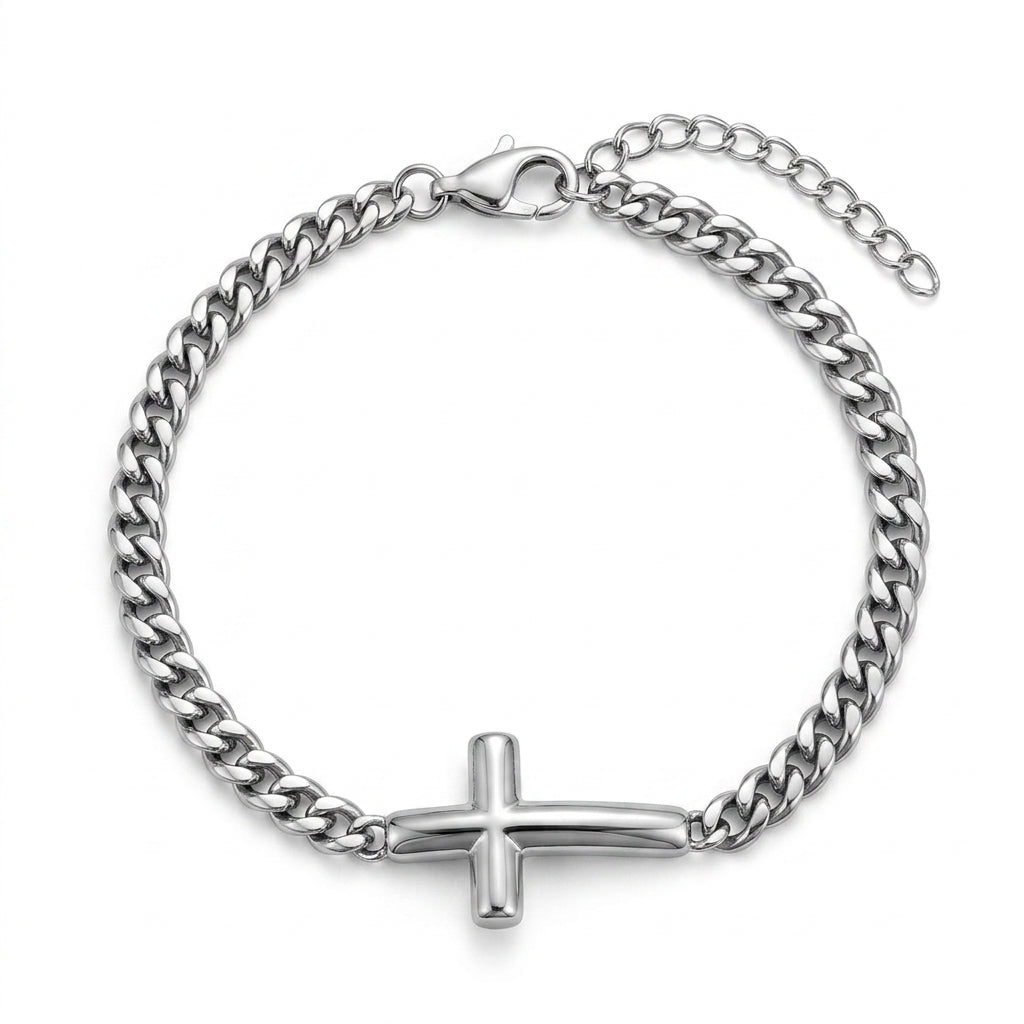 FAITH LINK stainless steel bracelet with sideways cross, silver